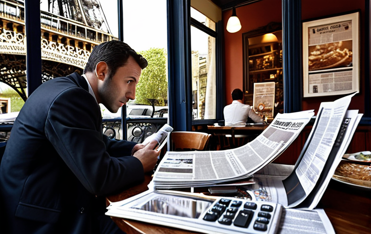 **
A Parisian investor meticulously analyzing company valuation reports at a café, with the Eiffel Tower visible in the background. He is surrounded by financial newspapers and a calculator, reflecting the importance of valuation in investment decisions.

**