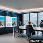 기업가치평가사 시장 상황 분석 - A modern office setting in Paris featuring a diverse group of business professionals analyzing dynam...