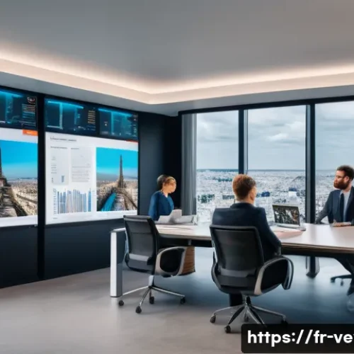 기업가치평가사 시장 상황 분석 - A modern office setting in Paris featuring a diverse group of business professionals analyzing dynam...