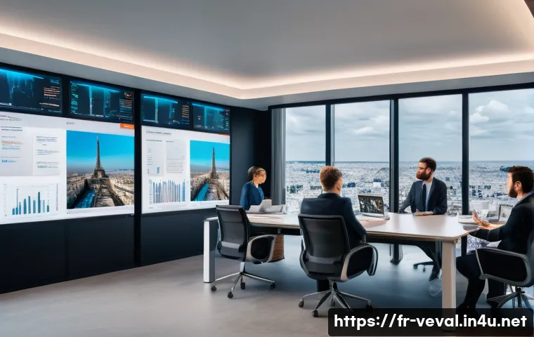기업가치평가사 시장 상황 분석 - A modern office setting in Paris featuring a diverse group of business professionals analyzing dynam...