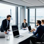 기업가치평가사 핵심 기술과 이론 - A modern office setting with a diverse group of financial analysts collaborating around a large tabl...