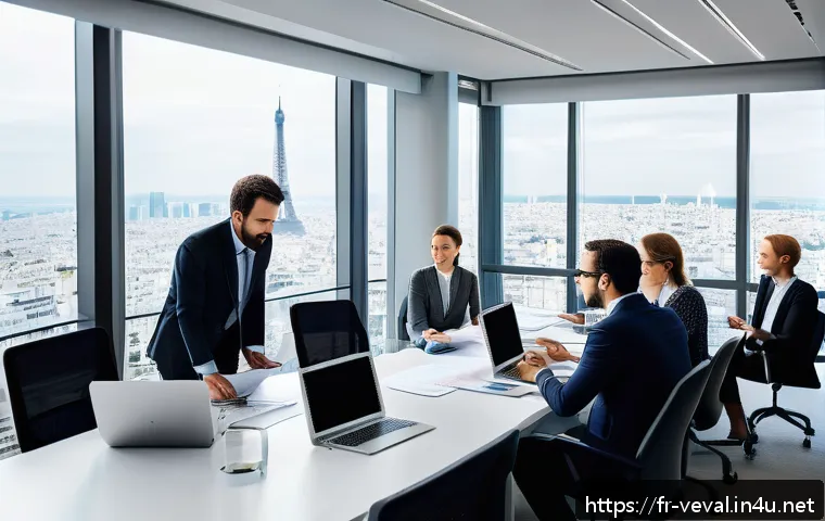 기업가치평가사 핵심 기술과 이론 - A modern office setting with a diverse group of financial analysts collaborating around a large tabl...