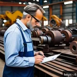 기업가치평가사 자산 가치를 측정하는 방법 - A professional business evaluator inspecting industrial machinery inside a large factory, wearing bu...
