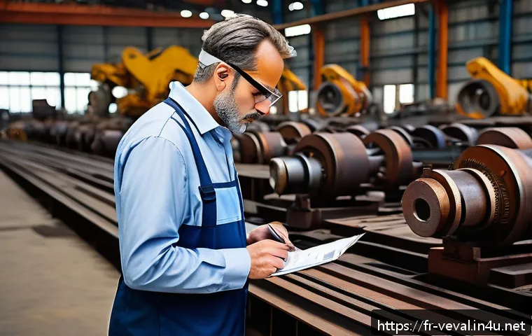 기업가치평가사 자산 가치를 측정하는 방법 - A professional business evaluator inspecting industrial machinery inside a large factory, wearing bu...