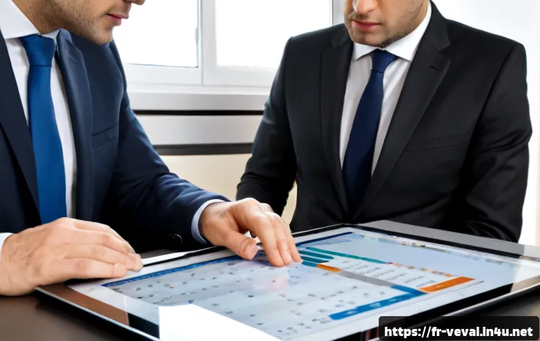 Home 17 기업가치평가사 M A 사례 연구 - Photorealistic corporate valuation meeting in a modern Paris financial office, two senior M&A adviso...
