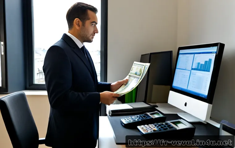 기업가치평가사 실무 경험 - Photorealistic French business valuation analyst reviewing financial statements and a company model ...